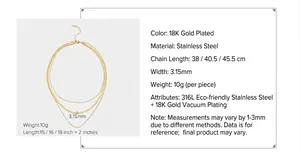 Detailed size and material specs for the 18K gold plated stainless steel layered necklace