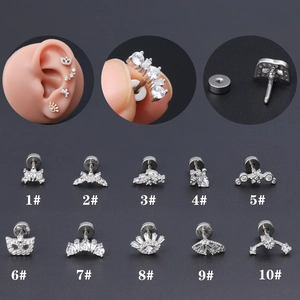 Set di 10 piercing per cartilagine in acciaio inossidabile con zirconi e chiusura a vite