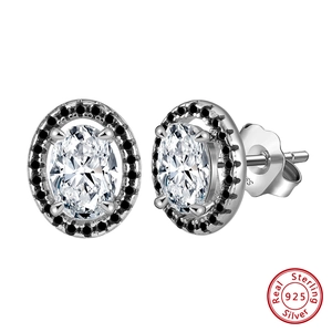 Elegant S925 sterling silver oval stud earrings with white zircon and black border stones