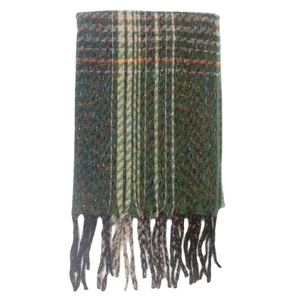 Detail of green scarf with orange plaid, colorful flecks, and soft fringed edges