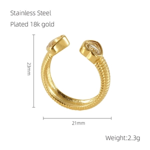Detailed size chart of 18K gold plated stainless steel ring with zircon heart
