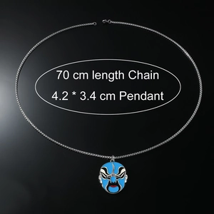 70cm punk silver necklace with a blue Chinese opera mask pendant on black background