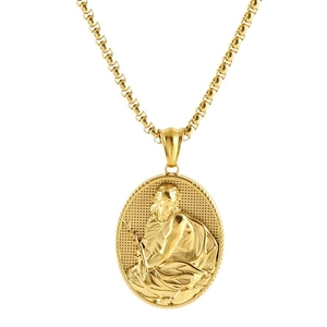 Men's retro 18K gold plated stainless steel necklace with oval portrait relief pendant