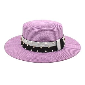 Women Straw Boater Hat Elegant Wide Brim Flat Top Sun Hat With Artificial Pearl Rhinestone Ribbon For Summer Beach Vacation