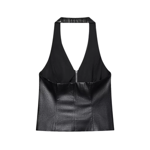 Top halter de cuero sintético negro para mujer con detalle de cremallera metálica