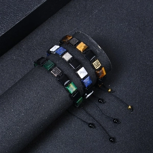 Adjustable woven bracelet with square natural stones like Tiger Eye and Lapis Lazuli