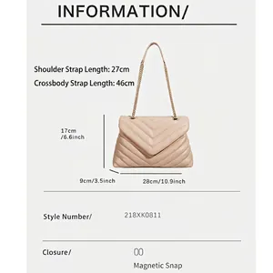 Chic beige chevron quilted crossbody bag with gold metal chain strap, size 28x17x9cm