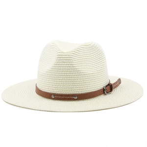 Panama style straw hat with flat top and brown leather strap with metal studs