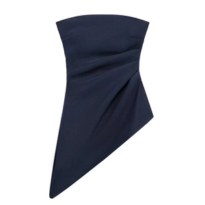 Navy blue strapless top featuring asymmetrical ruching and a cinched waist design