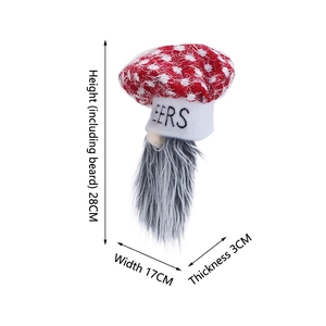 Christmas gnome wine bottle cover with red polka dot hat and white Cheers text