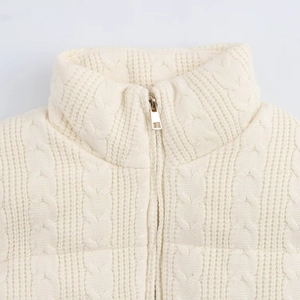 Knitted stand collar sleeveless vest with cable knit texture and metal zipper
