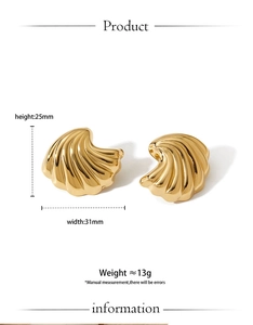 Detailed view of gold scallop shell earrings with wave texture and dimension measurements