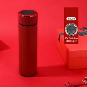 Detail of red vacuum flask with LED temperature display and SUS 304 steel liner