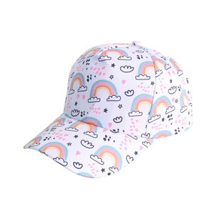 Detail of children's baseball cap featuring colorful rainbow, clouds and heart patterns