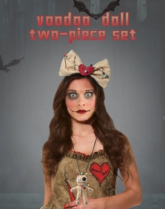 Detail of Voodoo doll two-piece set including burlap bow headband and themed necklace