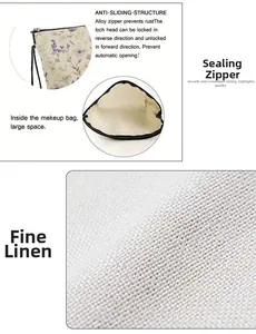Detail of linen makeup bag showing floral print, smooth metal zipper and spacious interior