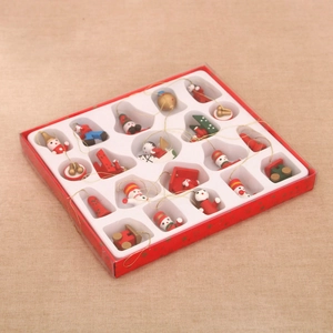 Detail of 20pcs painted wooden Christmas tree ornaments featuring snowman and angel in a gift box