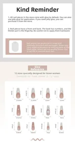 Detailed size guide for long coffin press on nails featuring 12 different nail dimensions