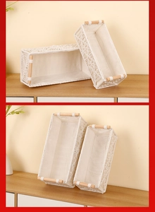 Detail of woven cotton rope storage basket with fabric lining and wooden handles