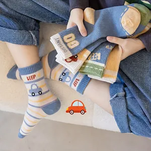 Kids Cotton Blend Cartoon Car Mid-Tube Socks Breathable Jacquard Pattern Striped Comfortable School Daily Wear Socks For Boys Girls
