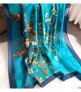 Detail of lake blue silk scarf with artistic floral oil painting patterns on white fur
