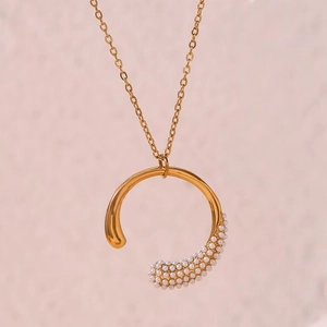 C-Shape Pendant Necklace Stainless Steel 18K Gold Plated Inlaid Artificial Pearl Zircon Geometric Elegant Jewelry For Women