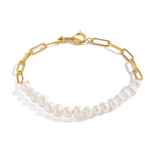 Natural freshwater pearl and gold paperclip link bracelet with spring clasp for women