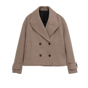 Women's chic tan short wool coat with oversized lapels and double-breasted buttons