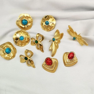 Vintage Stainless Steel Leaf Butterfly Stud Earrings For Women Gold Plated Natural Stone Inlaid Aesthetic Jewelry Accessories