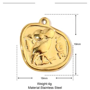 Macro view of 19mm gold stainless steel round coin pendant with embossed flower detail
