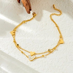 Double-layered stainless steel anklet with tree of life and enamel heart charm in gold