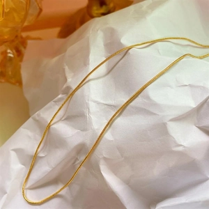 Detailed close-up of golden titanium steel snake chain necklace on white paper background