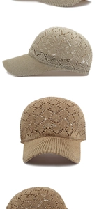 Detail of crochet lace hollow baseball cap with khaki knit geometric floral patterns