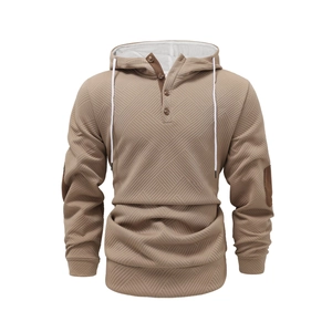 Men's khaki jacquard hoodie with brown button placket and elbow patches in loose fit