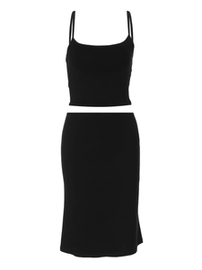 Ensemble chic deux pièces noir pour femme avec caraco court et jupe midi moulante