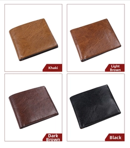 Men's bifold short wallet in khaki, light brown, dark brown, and black leather colors