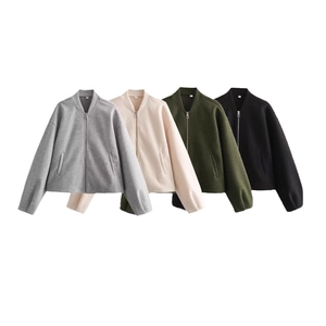 Women's bomber jackets in grey, beige, green, and black wool-like fabric with metal zippers