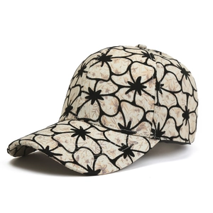 Fashionable floral baseball cap with beige jacquard fabric and black petal patterns