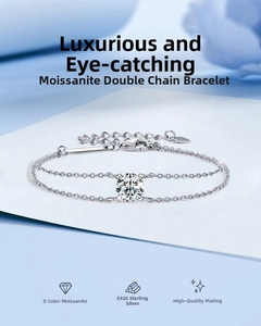 Detailed macro of S925 sterling silver double-layer bracelet with D-color moissanite stones