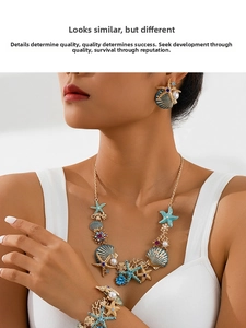Vue détaillée du service de bijoux océan avec étoiles de mer bleues et perles sur mannequin