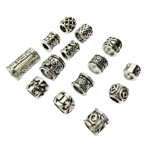 Antique silver barrel beads set for DIY jewelry with diverse embossed relief patterns