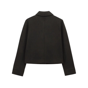 Flat lay back view of a dark brown short jacket with flap pockets and soft wool texture