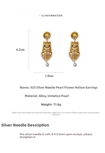 Detailed view of vintage hollow flower earrings with size measurements and 925 silver needle