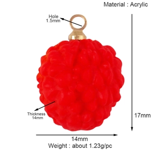 Detailed dimensions of red acrylic fruit pendant showing 17mm height and 14mm width size