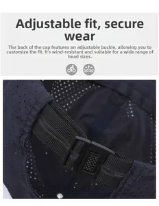 Detail of breathable mesh baseball cap with adjustable plastic buckle and elastic strap