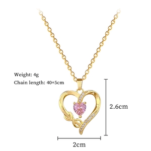 Detail view of pink heart pendant necklace with dimensions and 4g weight specs