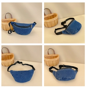 Detailed four-angle view of kids blue denim waist bag with adjustable nylon straps