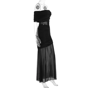 Detail of ruched bodice and sheer mesh skirt on this elegant black strapless maxi dress
