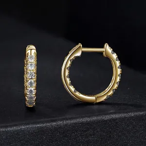 Sparkling S925 sterling silver hoop earrings with round moissanite stones in gold finish