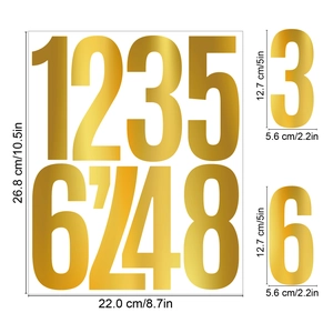 Detailed dimensions of 5-inch gold foil letter stickers showing metric and imperial units